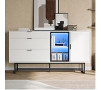 Buffet Vitrine LINHOO Blanc Moderne avec LED, 3 Tiroirs et Portes Verre