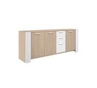 Buffet YOUENN 3 portes 3 tiroirs aspect chêne façades blanches