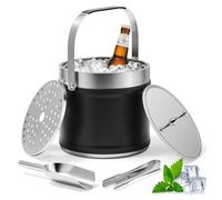 BugyKido Seau à glace de 3,2 l avec couvercle amovible et pince, cuillère, passoire, isolation noire, manchon en cuir, double paroi, seau à champagne isotherme en acier inoxydable pour fêtes