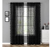 Bujasso Rideaux en dentelle noire transparents 229 cm Fleurs vintage pour rideaux à oeillets pour salon chambre à coucher élégants Filtre léger Rideaux noirs Traitement de fenêtre Ensemble avec