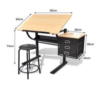 BUL Table à Dessin - Inclinable, Hauteur Réglable, avec Tabouret, 3 Tiroirs, Structure en Acier - Bureau à Dessin
