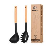 BUNDLEPRO Ensemble louche et cuillère à pâtes en silicone avec manche en | Lot de 2 ustensiles de cuisine noirs résistants à la chaleur sans BPA pour cuisiner, remuer, servir des spaghettis