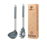 BUNDLEPRO Lot de 2 louches à soupe et cuillères à pâtes en silicone, gris | Grands ustensiles de cuisine antiadhésifs et résistants à la chaleur pour cuisiner, remuer, servir des spaghettis