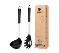 BUNDLEPRO Lot de 2 louches à soupe et cuillères à pâtes en silicone, noir | Grands ustensiles de cuisine antiadhésifs et résistants à la chaleur pour cuisiner, remuer, servir des spaghettis