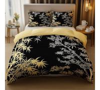 Buohwiwe Housse de Couette 240x280 Noir Chinois Parure de lit 240 x 280 Adulte Réversible Fleurs de Bambou avec Taies d'oreiller 2 Personnes Set de Housse Couette Microfibre Doux a.741
