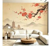 Buohwiwe Papier Peint Panoramique Motif Sakura Mural 450x315 cm 3D Papier Peint Intisse Style Japonais Fresque Murale Chambre Coucher Salon Décoration Photo Poster Geant Murale M.3812
