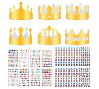 BUOSHUO Lot de 24 couronnes en papier doré, 8 styles d'autocollants en strass, 20 feuilles d'autocollants chiffres et lettres, chapeaux de fête pour anniversaire, fête de princesse