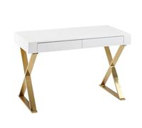 Bureau 118 x 76 x 57 cm - En bois blanc brillant - Pieds en métal doré - Design moderne - Table d'ordinateur moderne - Table console avec tiroirs