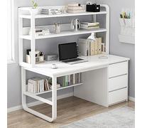 Bureau à Domicile avec bibliothèque et 3 tiroirs, Bureau d'ordinateur, Bureau d'étudiant, Table d'étude, Bureau d'ordinateur/Table de Travail Moderne et Simple (47 Pouces, Blanc)