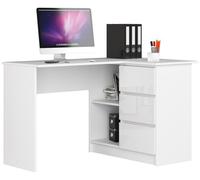 Bureau AKORD d'angle droit B16 Blanc 124 cm 3 tiroirs façade Blanche Brillante 2 étagères 124x85x77 cm