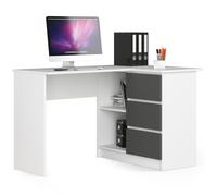 Bureau AKORD d'angle droit B16 Blanc 124 cm 3 tiroirs façade Gris Graphite 2 étagères 124x85x77 cm