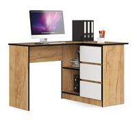 AKORD Bureau d'angle avec 2 étagères et 3 Tiroirs | Table avec Meuble de Rangement intégré et modulable | L124 x H77 x P85 | Fourniture Bureau | Chêne Artisan & Façade Blanc