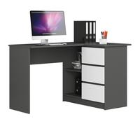 Bureau AKORD d'angle droit B16 Gris Graphite 124 cm 3 tiroirs façade Blanche 2 étagères 124x85x77 cm
