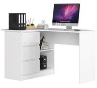 Bureau AKORD d'angle gauche B16 Blanc 124 cm 3 tiroirs façade Blanche Brillante 2 étagères 124x85x77 cm