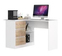 Bureau AKORD d'angle gauche B16 Blanc 124 cm 3 tiroirs façade Chêne Sonoma 2 étagères 124x85x77 cm