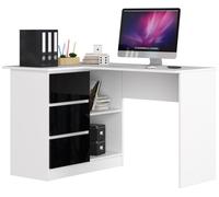 Bureau AKORD d'angle gauche B16 Blanc 124 cm 3 tiroirs façade Noir Brillant 2 étagères 124x85x77 cm