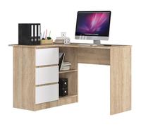 Bureau AKORD d'angle gauche B16 Chêne Sonoma 124 cm 3 tiroirs façade Blanche 2 étagères 124x85x77 cm