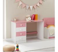 Bureau ARNE pour enfant ou adulte multi rangements, avec 4 tiroirs, en pin massif lasuré blanc et rose