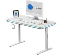 SENSE7 Bureau Informatique Nomo avec LED 120x60, Table de Jeu en Verre avec Ports USB-C et USB 3.0, Réglable en Hauteur avec Tiroir et Crochet, Idéal pour Gaming