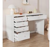 Bureau avec 5 tiroirs, blanc, poignées en céramique rose, dimensions : 120 x 45 x 74 cm