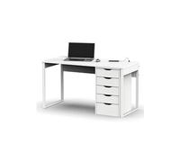Bureau avec commode de rangement coloris blanc - Hauteur 76 x Longueur 135 x Profondeur 60 cm / Hauteur 71 x Longueur 40 x Profondeur 43 cm --
