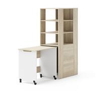Bureau avec étagère - HOMLANDO - Samoa/Fuji - Bureau coulissant sur roulettes - Gain de place - Chêne sonoma/blanc mat