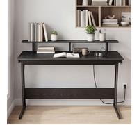Bureau avec LED et Prise Électrique Intégrée, Support pour Moniteur, pour Poste Double, 120 x 55 x 90 cm, Noir