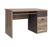 Bureau avec porte et tiroir coloris Chêne/Gris motif écriture - Longueur 120 x Largeur 65 x Hauteur 77,5 cm