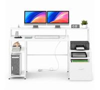 Bureau avec Rangement GIANTEX Table de Gaming avec Station de Charge Intégrée Support Tour PC Étagère Imprimante Blanc