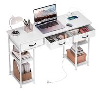 HomCom Bureau d'ordinateur 120 x 40 cm – 2 USB & 2 prises, 3 tiroirs tissu, étagères – Blanc