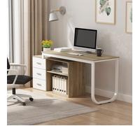 Bureau avec Rangement Pivotant et Extensible, Tiroirs et Compartiments, Bureau d’Angle avec Aspect du Bois, 130x57x75, Naturel