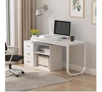 Bureau avec Rangement Pivotant et Extensible, Tiroirs et Compartiments, Bureau d’Angle avec Pieds en Métal, 130x57x75, Blanc