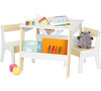 Bureau avec siège et étagères de rangement - Table à dessin pour enfants avec 2 chaises de travail - Blanc/finition poudrée à la craie.