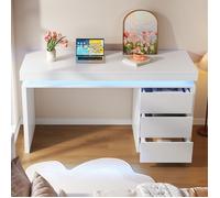 Bureau Blanc avec LED Éclairage Bluetooth Table Informatique Moderne avec 3 Tiroirs Poste de Travail Rangement 120x50x78,5cm