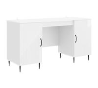 Bureau Blanc Laqué Brillant en Bois Composite 142,5 x 50 x 75 cm | Design rétro moderne, pieds métal stables, portes 90°, rangement intégré, entretien facile
