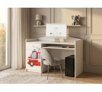 Bureau blanc pour enfants « Happy B04 » | Bureau d'ordinateur avec rallonge | Espace d'étude moderne pour les devoirs et l'enseignement à domicile, camion de pompiers