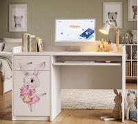 Bureau blanc pour enfants « Happy B04 » | Bureau pour ordinateur avec rallonge | Espace d'étude moderne pour les devoirs et l'enseignement à domicile, Lapin