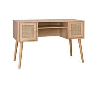 Bureau cannage et décor bois avec 2 portes. 1 casier ouvert. pieds compas