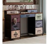 Bureau Coiffeuse 121cm - 9 Tiroirs Tissu Imprimé - Table Console Vintage - Structure Métal & Bois
