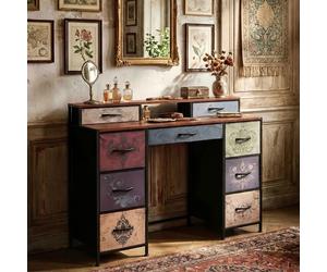 Bureau Coiffeuse 121cm - 9 Tiroirs Tissu Imprimé - Table Console Vintage - Structure Métal & Bois - Pour Chambre Salon Bureau