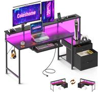 Bureau Colsehome avec étagères - 140x48 cm, bureau d'ordinateur réversible avec prises et ports USB - Table de jeu avec éclairage LED