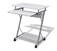 Bureau Compact avec Plateau à Clavier Coulissant & Étagère pour CPU avec Cadre en Acier Blanc