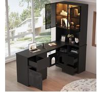 Bureau d’angle avec vitrine LED et bibliothèque, 3 tiroirs 2 portes et rangements, 120 x 80 x 180 cm, MDF, noir