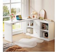 Bureau D’Angle en L, Bureau Extensible avec 2 Tiroirs, Bureau d'angle avec Rangement, pour Bureau, Home-Office et Chambre Ado,Blanc