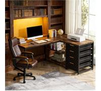 Bureau d’angle réversible avec 4 tiroirs et 2 étagères pour bureau en métal 150×110×75 cm noir et marron