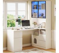Bureau d'angle avec bibliothèque et vitrine LED, 120×80×180cm, 3 tiroirs, 2 portes d'armoire et étagères ouvertes, MDF, blanc
