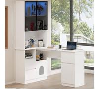 Bureau d'angle avec Vitrine Éclairée LED, Bureau Rangement avec 3 Tiroirs, 2 Portes, Meuble pour Chambres à Coucher, Appartements