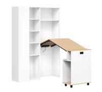 Bureau d'angle blanc avec rangements pliable 104,5x30,5x160cm, port de charge USB, rayonnages ajustables Bureau d’angle