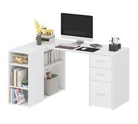 HOMCOM Bureau d'angle 3 Tiroirs Bureau Informatique en L 140x100x75cm Blanc | 1 pour Documents Letter/Legal/A4, 5 Compartiments Ouverts, Étagères Réglables, Table de Travail à Domicile Chambre