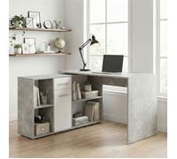 Bureau d'angle CARMEN avec meuble de rangement intégré 4 étagères 1 porte et 1 tiroir, décor béton et blanc mat